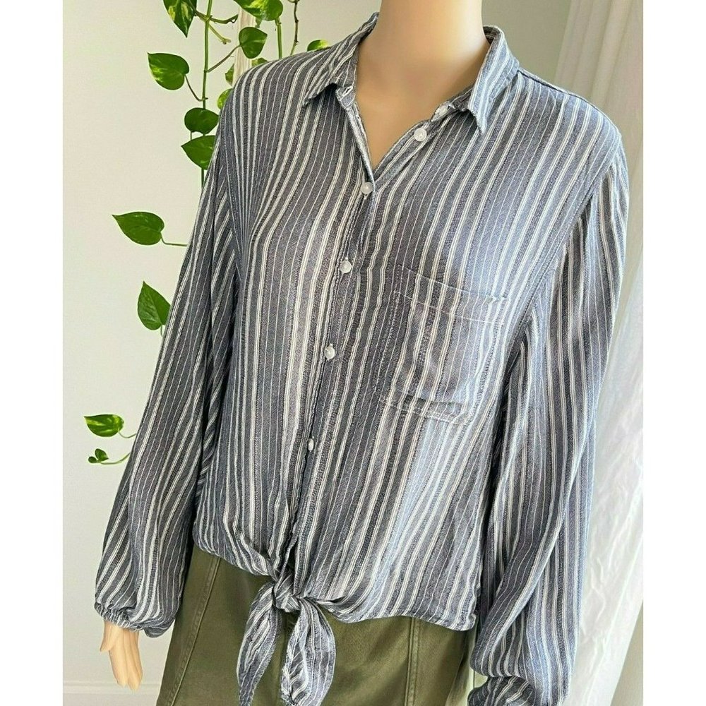 AMERICAN EAGLE OUTFITTERS  Button Front Tie Waist Stripe Gray White Small - Picture 2 of 12